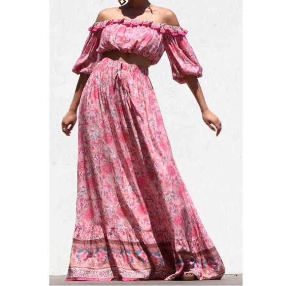 Boho Gypsy Peasant Off Shoulder Ruffle Crop Top Flared Maxi Skirt 2 Piece Set - Picture 5 of 7